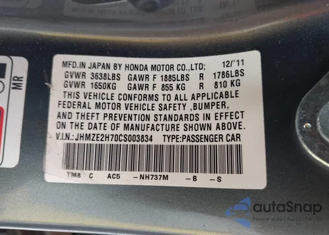 2012 Honda Insight Ex z USA, uszkodzony, nr VIN JHMZE2H70CS003834